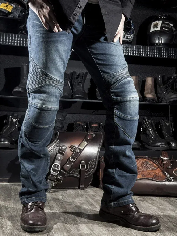 Color: Brown, Size: L - Mens Black Biker Jeans Motocycle Denim Pants Male Stretch Original Trousers Off-road Pants Protection Clothing 4xl Plus Size