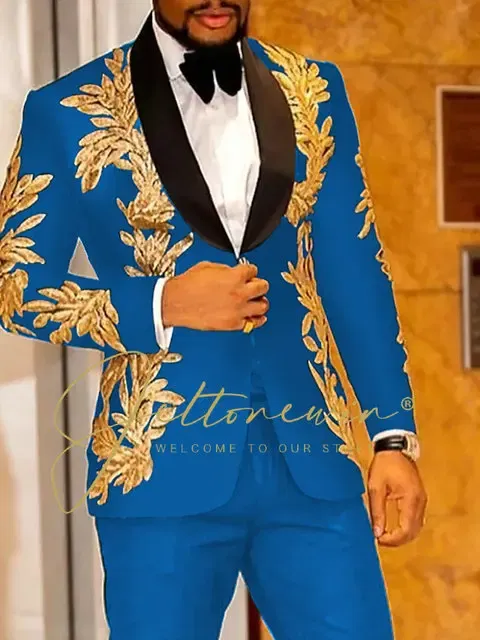Color: Blue, Size: XL - Luxury Groom Wedding Tuxedos Gold Sequins Appliques Black Men Suits Slim Fit Costume Homme Marriage Prom Suits