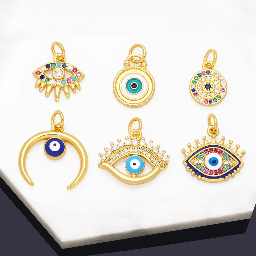 Metal color: BROWN - OCESRIO Multicolor Little Turkish Eye Bracelet Earring Charm Copper Gold Plated CZ Evil Eye Jewelry Making Supplies chma180
