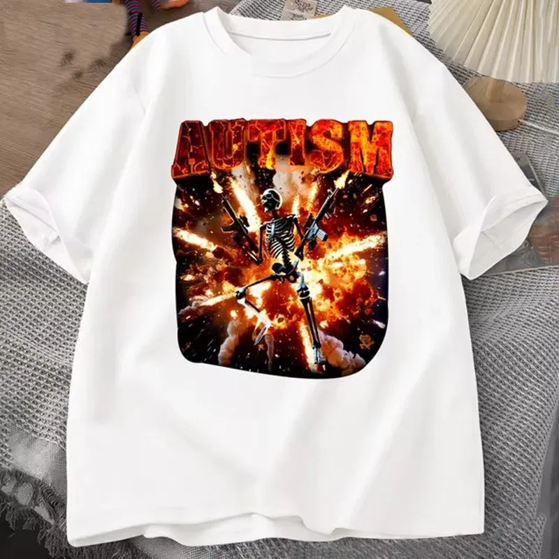 Color: Beige, Size: XL - Autistic Funny Skeleton T Shirt Women Men Autism Edgy Skeleton Meme T-shirt Casual Short Sleeve Tshirt Round Neck Clothes
