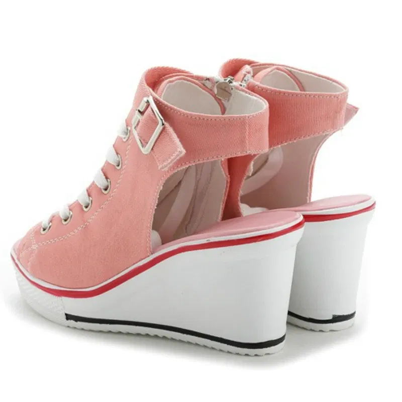 Color: Pink, Shoe Size: 41 - Spring Summer Women's Height Increasing Platform Canvas Fish Mouth Shoes Open Toe Hollow Canvas Wedge Shoes Zapatos Para Mujer