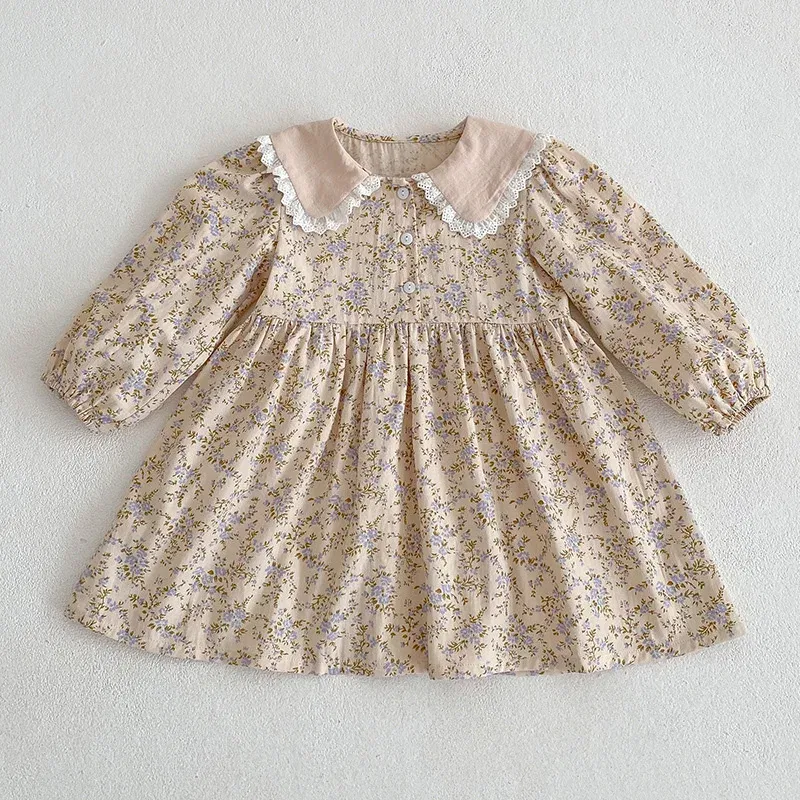 Color: Coffee, Kid Size: 4T - Sweet Kids Baby Girls Long Sleeve Flower Printing Princess Dress Autumn Baby Girls Doll Collar Dress Children Clothes Dress