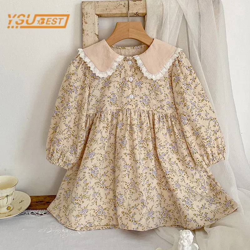 Color: Coffee, Kid Size: 4T - Sweet Kids Baby Girls Long Sleeve Flower Printing Princess Dress Autumn Baby Girls Doll Collar Dress Children Clothes Dress