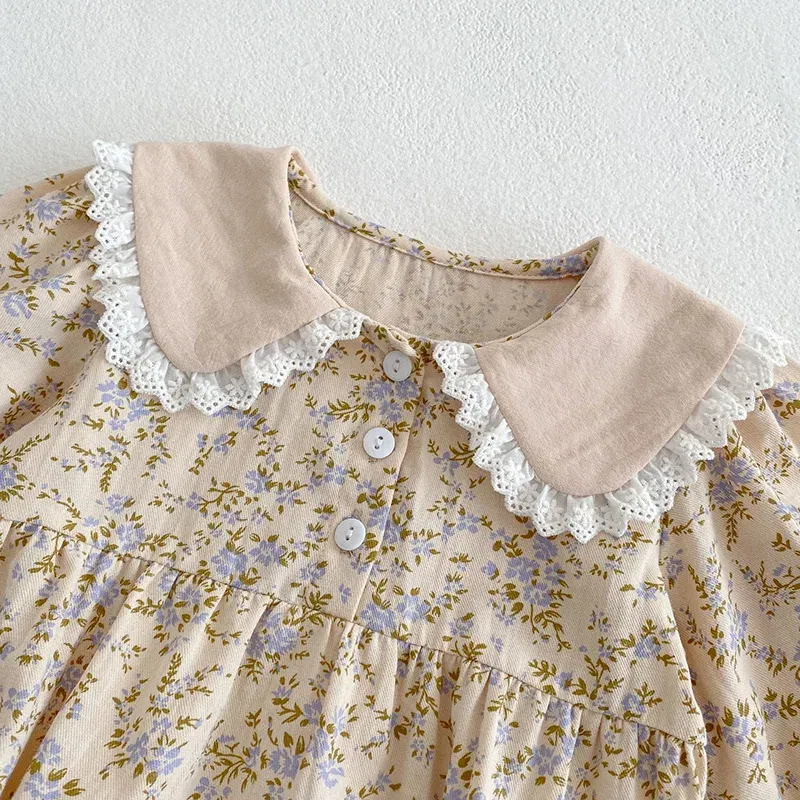 Color: Coffee, Kid Size: 4T - Sweet Kids Baby Girls Long Sleeve Flower Printing Princess Dress Autumn Baby Girls Doll Collar Dress Children Clothes Dress