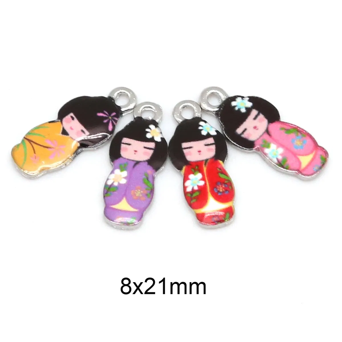 Metal color: Light Yellow Gold Color - New Arrival Necklace Pendant Japanese Doll Enamel Charms 2-4pcs 8x21mm Electroplating Plated Rhodium Used For Jewelry Accessory