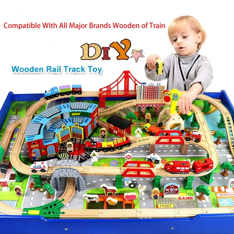 Color: GRAY - Wooden Bridge Tunnel Urban Rail Overpass Traffic Car Toy Scene Combined Train Rail Track Wooden Accessories Beech Turntable DIY