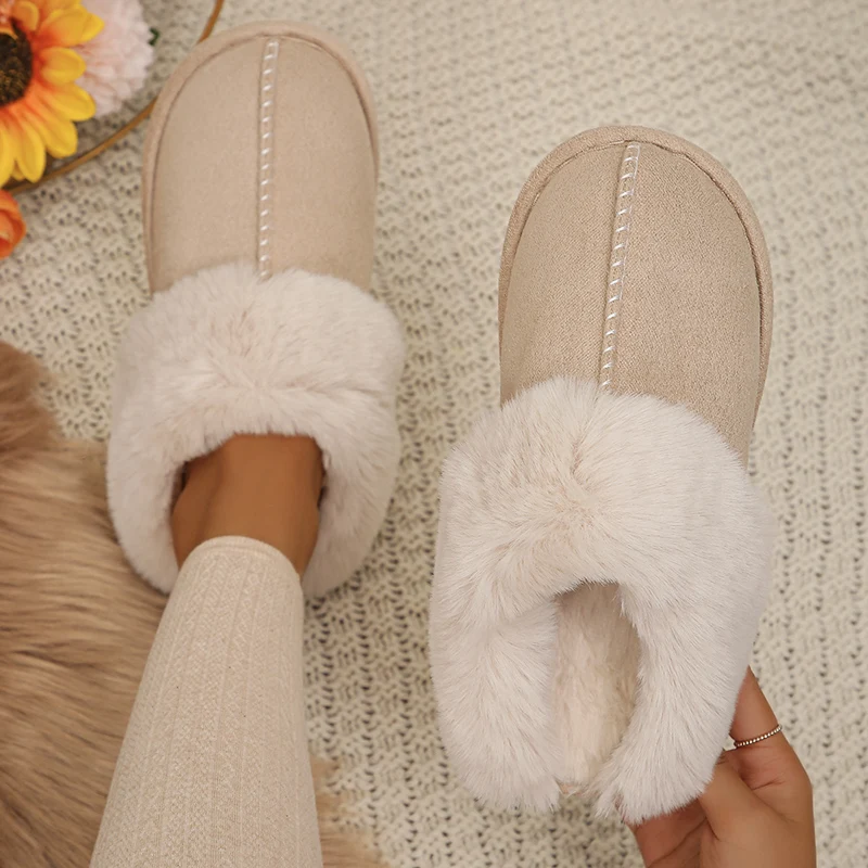 Color: Khaki, Shoe Size: 44 - Closed Toe Warm Cotton Slippers Women Faux Fur Thicken Plush Winter Home Shoes Woman Lightweight Casual Indoor Slides Female
