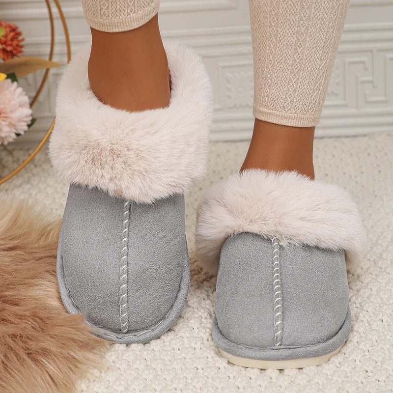 Color: Khaki, Shoe Size: 44 - Closed Toe Warm Cotton Slippers Women Faux Fur Thicken Plush Winter Home Shoes Woman Lightweight Casual Indoor Slides Female