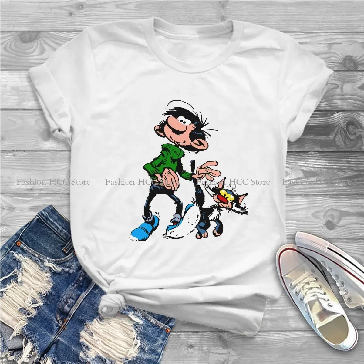 Color: black, Size: L - Gaston Lagaffe Comic Polyester TShirts Cartoon Color Big Ben Walking With Cat Classic Personalize Homme T Shirt Funny Tops