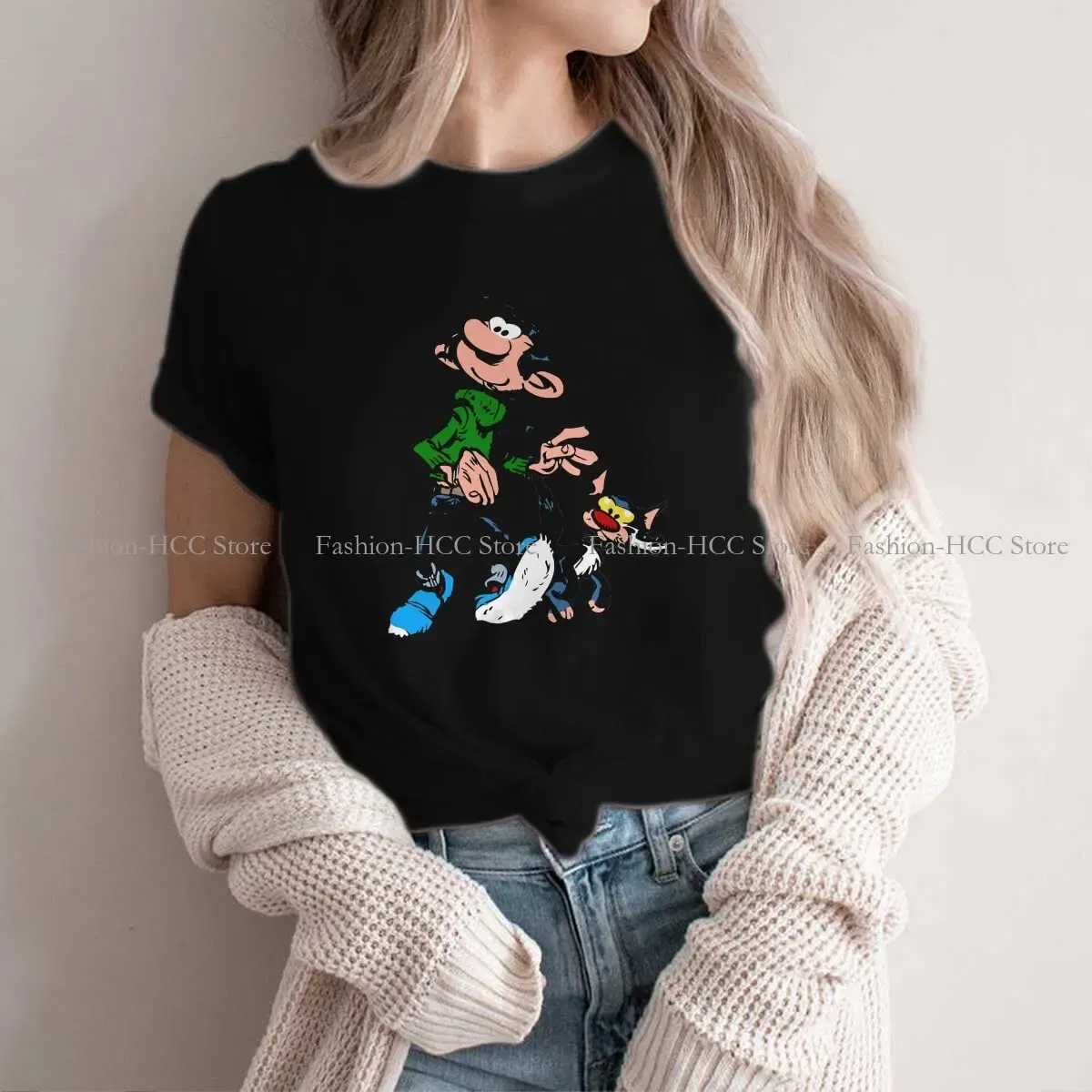 Color: black, Size: L - Gaston Lagaffe Comic Polyester TShirts Cartoon Color Big Ben Walking With Cat Classic Personalize Homme T Shirt Funny Tops