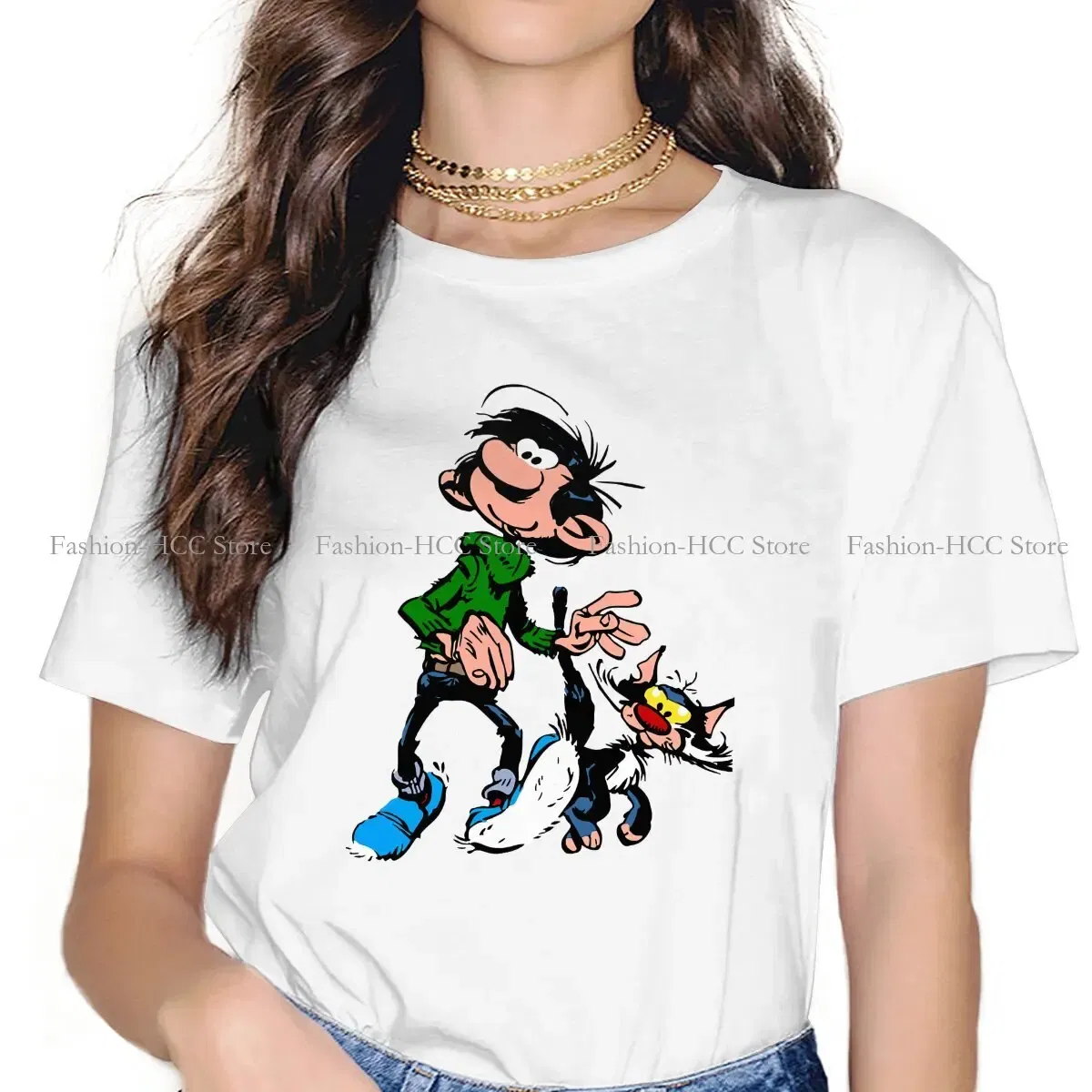 Color: black, Size: L - Gaston Lagaffe Comic Polyester TShirts Cartoon Color Big Ben Walking With Cat Classic Personalize Homme T Shirt Funny Tops
