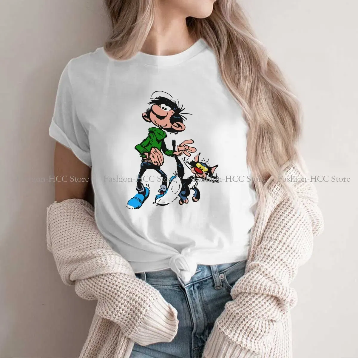 Color: black, Size: L - Gaston Lagaffe Comic Polyester TShirts Cartoon Color Big Ben Walking With Cat Classic Personalize Homme T Shirt Funny Tops