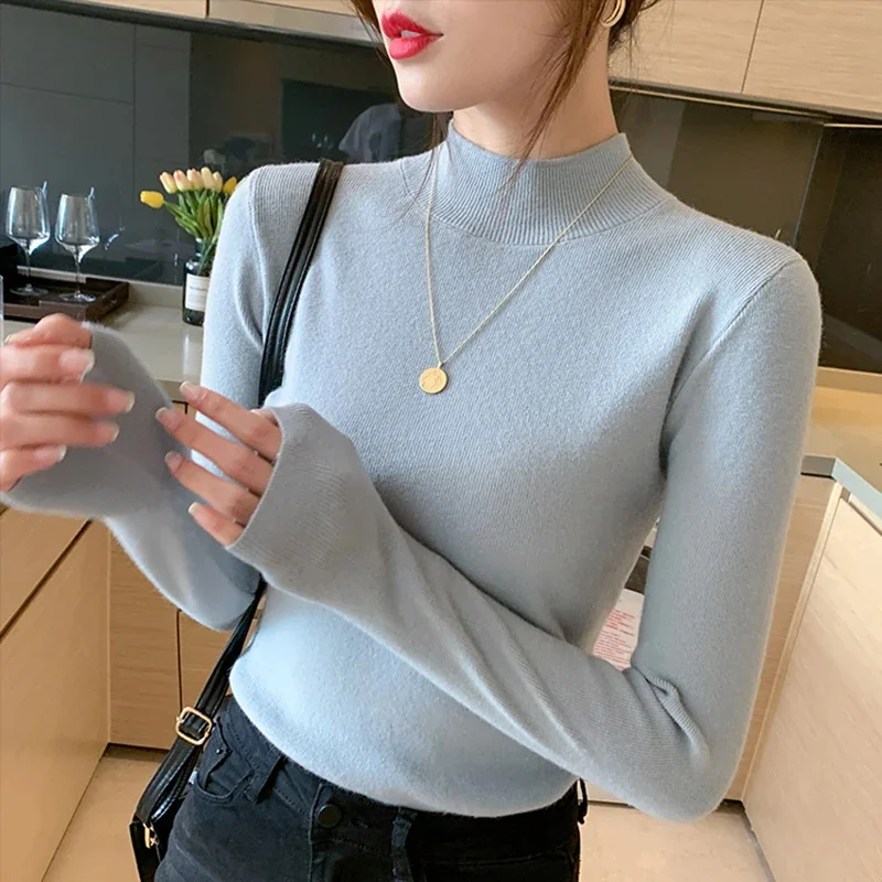 Color: black, Size: One Size - Turtleneck Sweater Women Fashion New Stretch Tops Women Knitted Pullovers Long Sleeve Bottoming Knitted Sweater