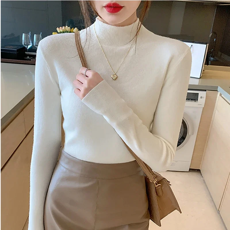Color: black, Size: One Size - Turtleneck Sweater Women Fashion New Stretch Tops Women Knitted Pullovers Long Sleeve Bottoming Knitted Sweater