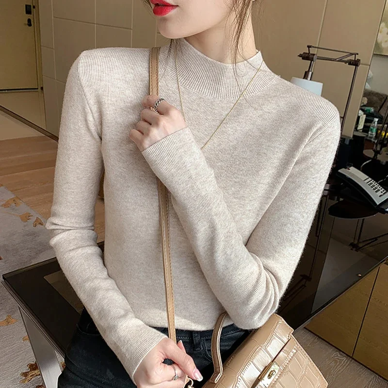 Color: black, Size: One Size - Turtleneck Sweater Women Fashion New Stretch Tops Women Knitted Pullovers Long Sleeve Bottoming Knitted Sweater