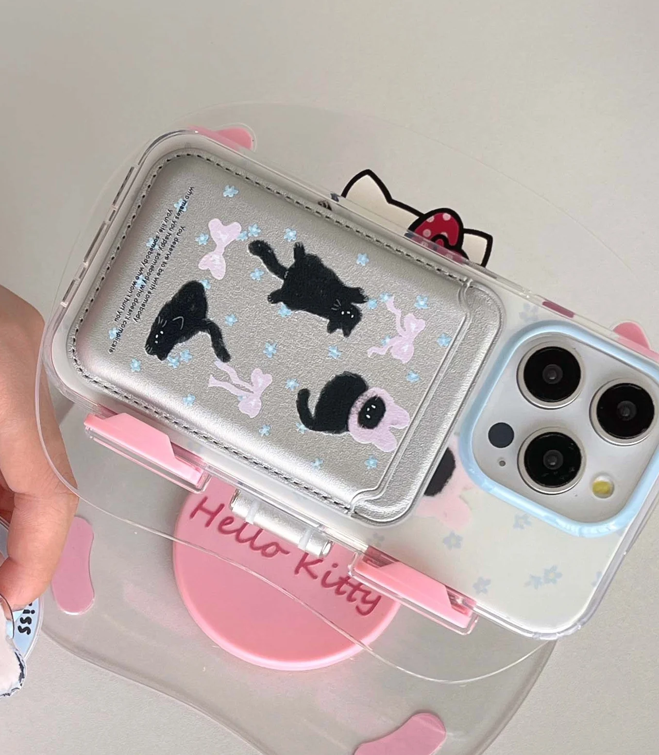Color: black, Material: Carbon Fiber - Cute Black Cat, Pink Bow, Blue Flower Magnetic Card Holder Phone Case for IPhone 13 14 15 Pro Max 13Pro 16ProMax 14Pro 15Pro 12