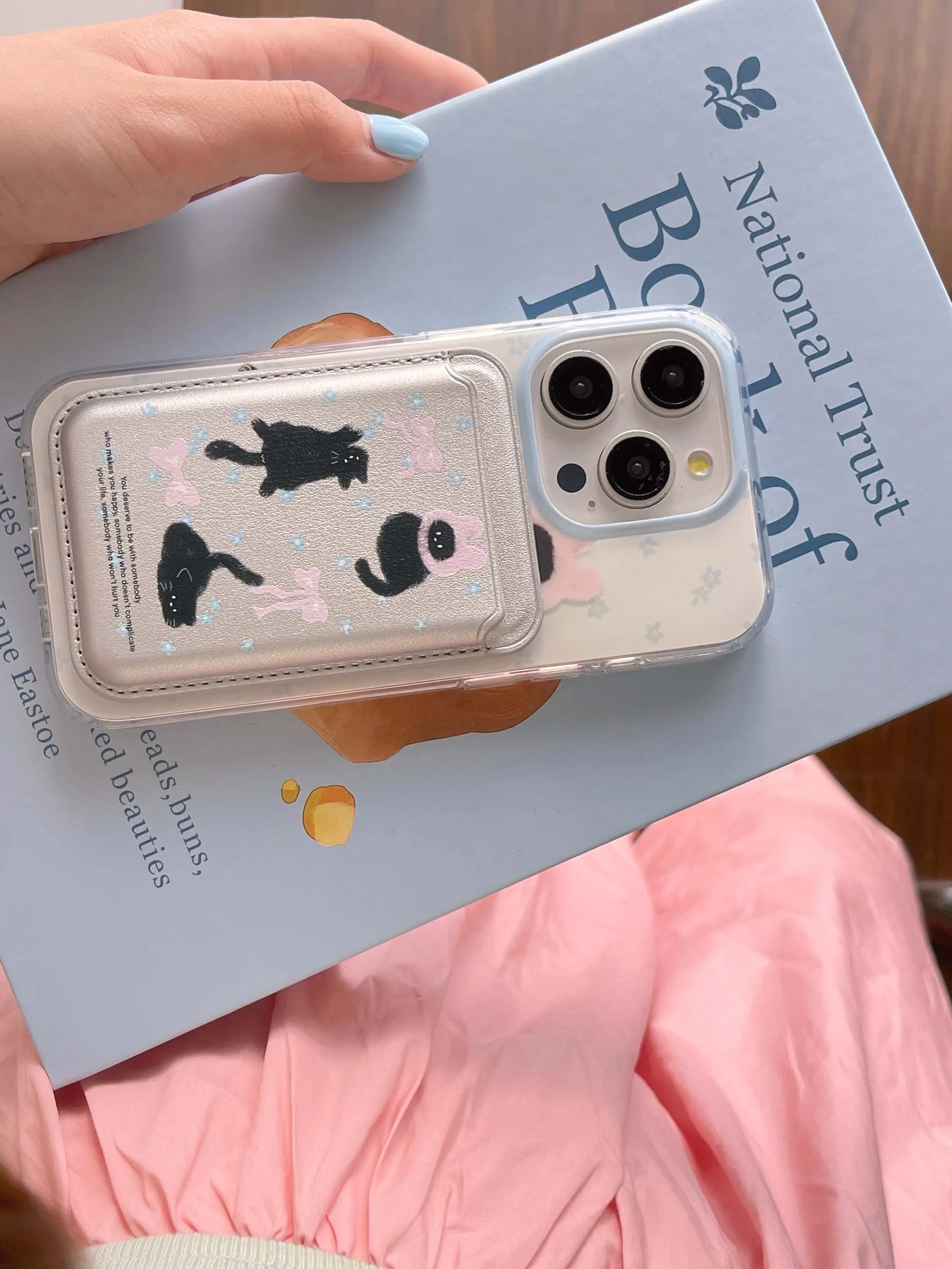 Color: black, Material: Carbon Fiber - Cute Black Cat, Pink Bow, Blue Flower Magnetic Card Holder Phone Case for IPhone 13 14 15 Pro Max 13Pro 16ProMax 14Pro 15Pro 12