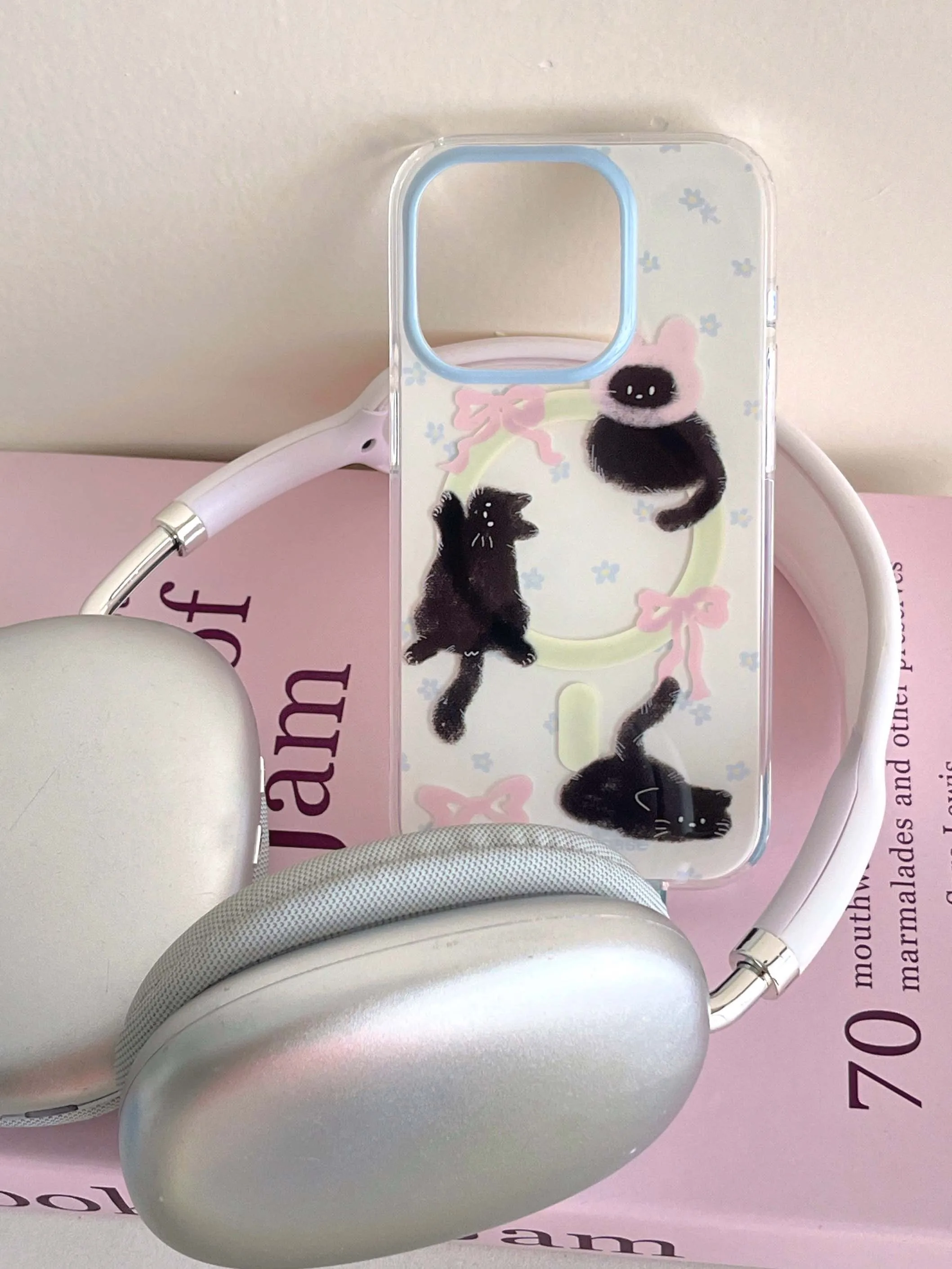 Color: black, Material: Carbon Fiber - Cute Black Cat, Pink Bow, Blue Flower Magnetic Card Holder Phone Case for IPhone 13 14 15 Pro Max 13Pro 16ProMax 14Pro 15Pro 12