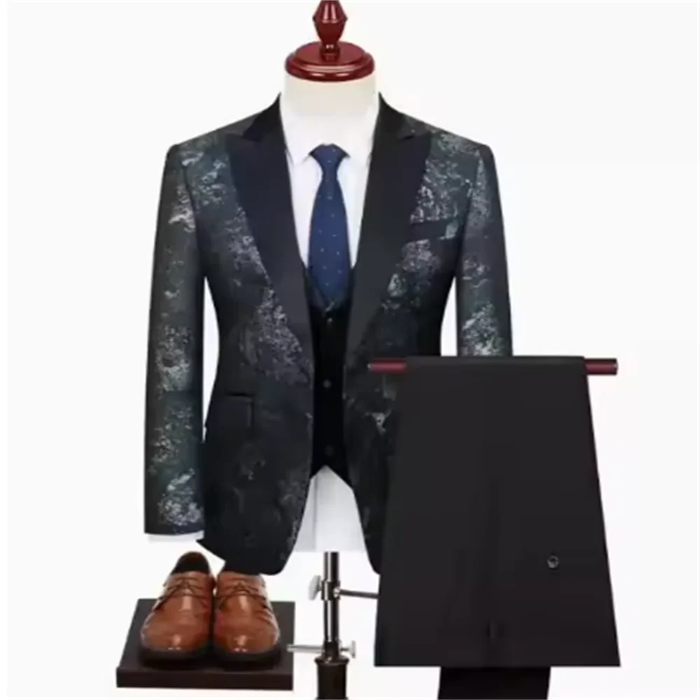 Color: Khaki, Size: M - Green Men's Suit 3-Piece, Wedding Party Dress Jacket with Vest & Trousers, Asian Size Slim Men Sets, Beige Black Blue Available