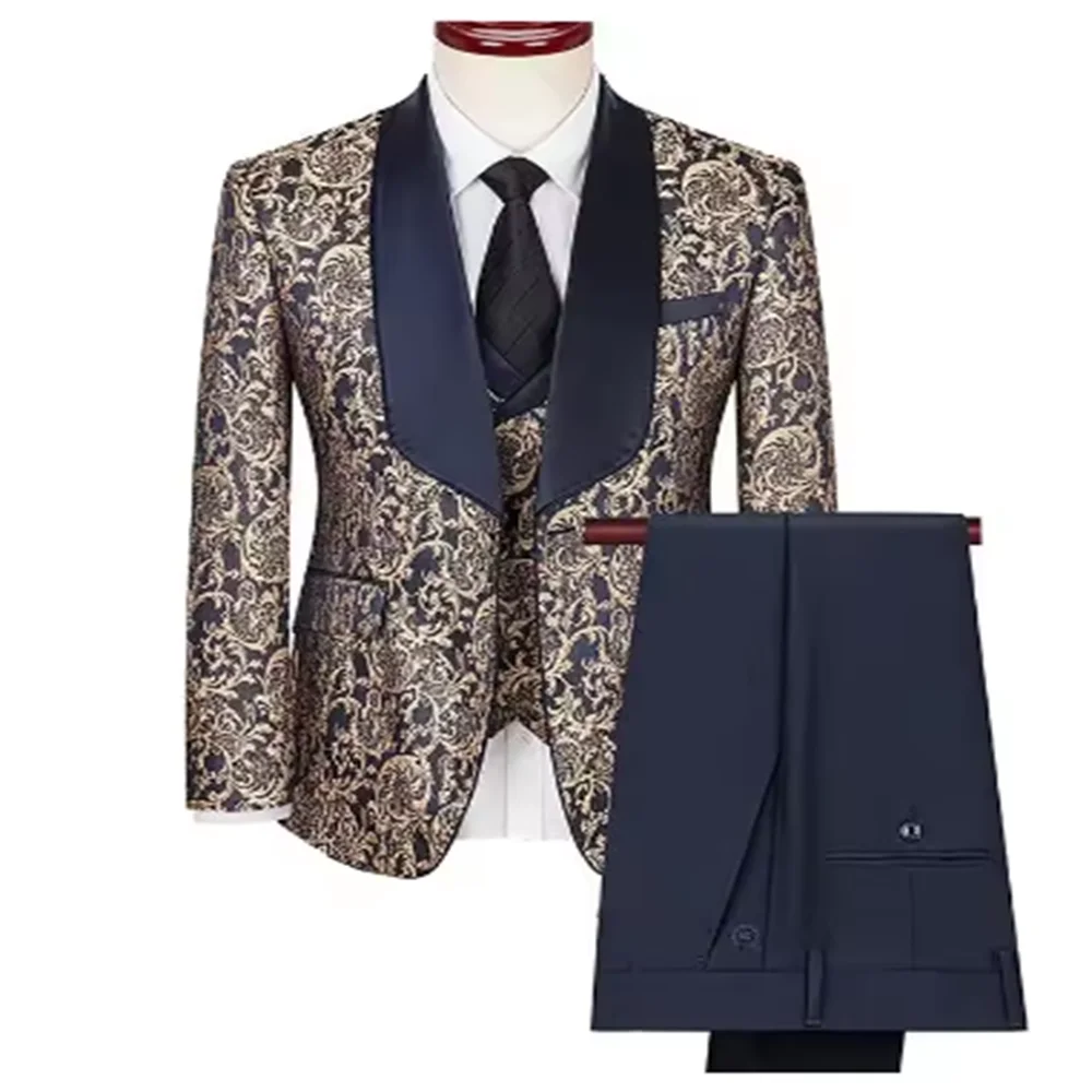 Color: Khaki, Size: M - Green Men's Suit 3-Piece, Wedding Party Dress Jacket with Vest & Trousers, Asian Size Slim Men Sets, Beige Black Blue Available