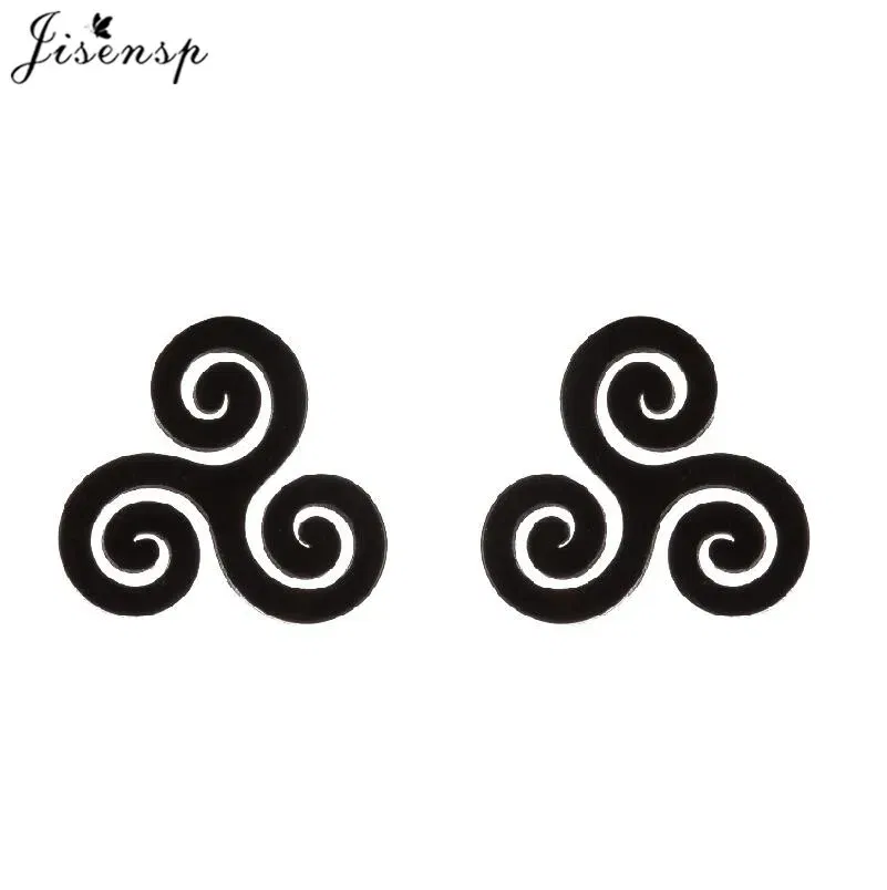 Metal Color: champagne gold, Main Stone Color: Green - Cartoon The Movie Teen Wolf Triskele Triskelion Inspired Earrings Punk Stainless Steel Jewelry Triple Spiral Ear Studs Women Men