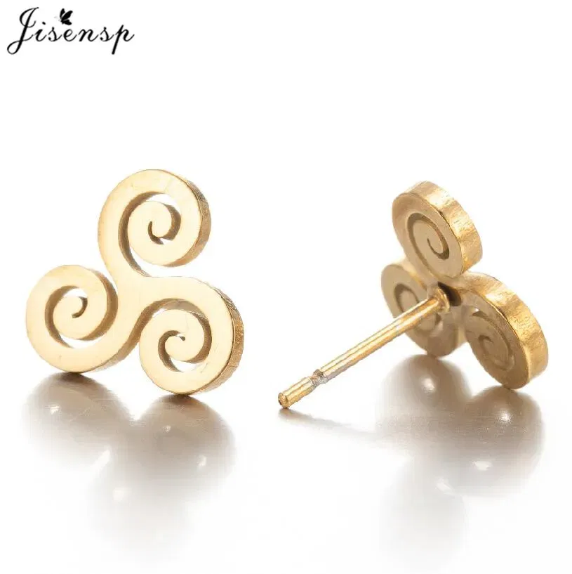 Metal Color: champagne gold, Main Stone Color: Green - Cartoon The Movie Teen Wolf Triskele Triskelion Inspired Earrings Punk Stainless Steel Jewelry Triple Spiral Ear Studs Women Men
