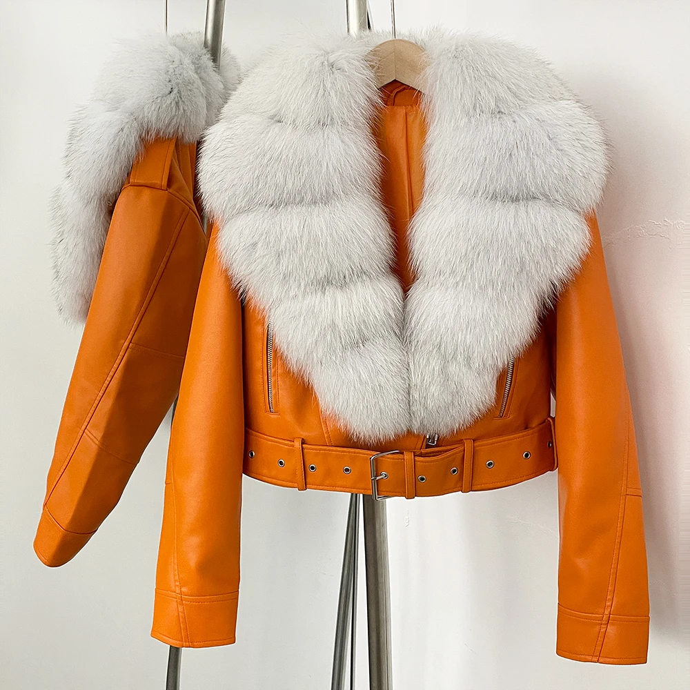 Color: Dark Grey, Size: L - Fake Leather Coat New Natural Fox Fur Autumn Short Faux Leather Jacket Female Spring PU Women Long Sleeve Real Fur Coat Thin