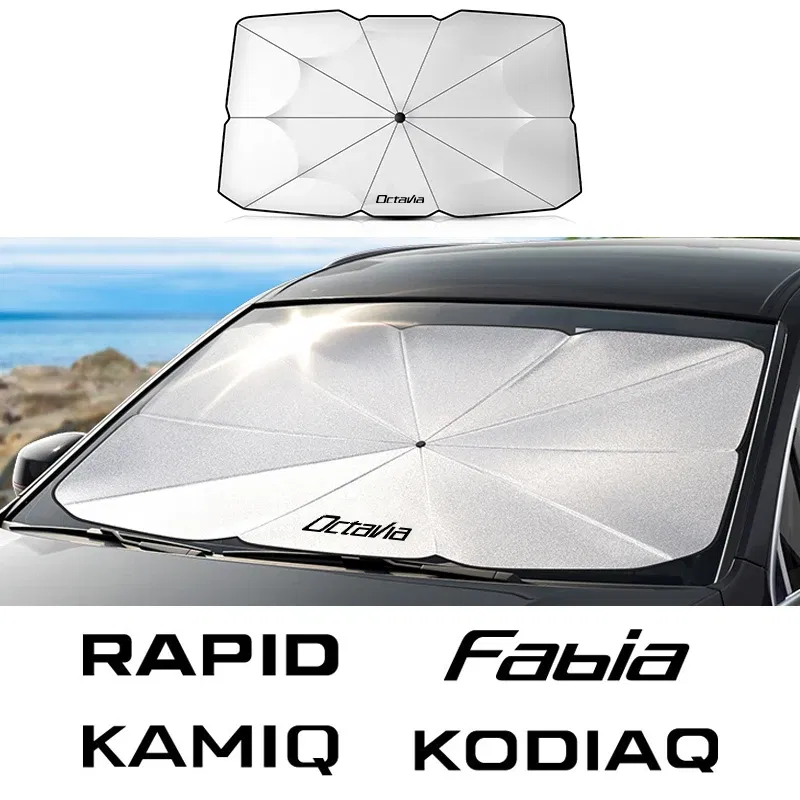 Color: Gold - Car Windshield Sunshade Umbrella Car Front Shading For Skoda Octavia Fabia Rapid Superb Kodiaq Scala Karoq Citigo Kamiq Enyaq