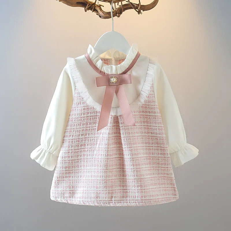 Color: Pink, Kid Size: 24M - Spring and Autumn New Baby Girl Long Sleeve Dress Fake Two Small Checkered Children's Clothes (0-3 Years Old)