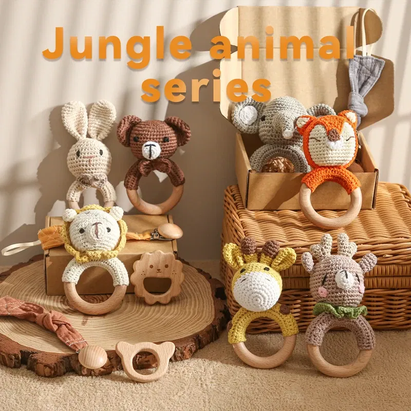 Color: Yellow - Bopoobo 3PCS/5PCS Crochet Bunny Baby Teether Rattle Animal Beech Wood Teether Pacifier Chain Crochet Rattle For Newborn Baby