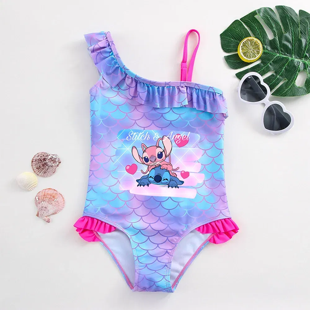 Color: army green, Size: XL - Stitch Girls Swimsuit Fashion Mermaid Fish Scale One-Piece Bathing Suits Children's Dresses Summer Swimwear Beach Suit Kids Wear