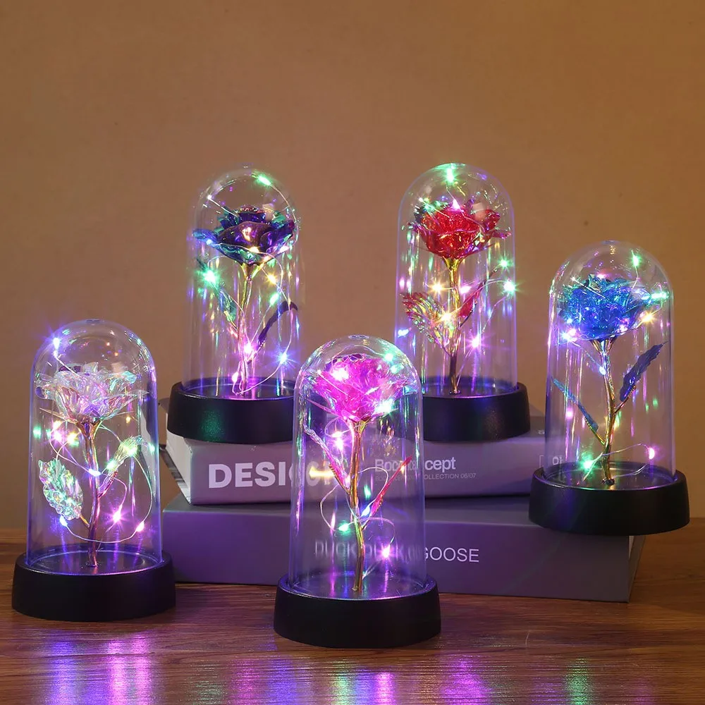 Color: black - 1pc Hot LED Enchanted Galaxy Rose Eternal Beauty Rose With Fairy Lights in Dome for Valentine's Day Wedding Party Mother's Day