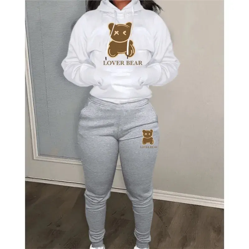 Color: WHITE, Size: M - 2 Piece Set Women Outfit Letter Bear Print Hooded Neck Hoodies Sweatshirt Pants Tracksuit 2024 Plus Size Streetwear Casual Suit