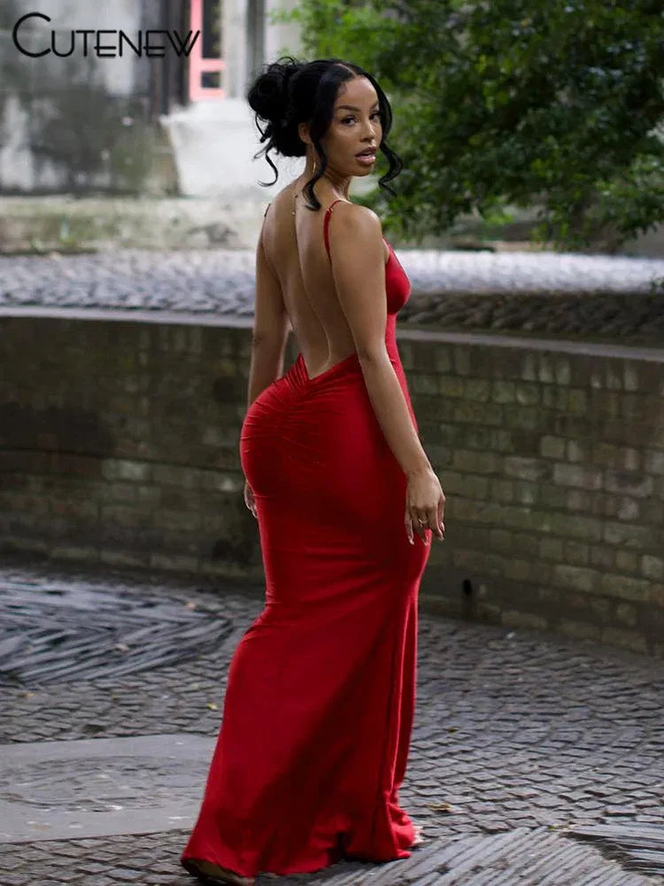 Color: black, Size: XS - Nibber Red Shiny Spaghetti Strap Maxi Dress Women Solid Sexy Backless Ruched Cleavage Body-shaping Robe Lady Hipster Streetwear