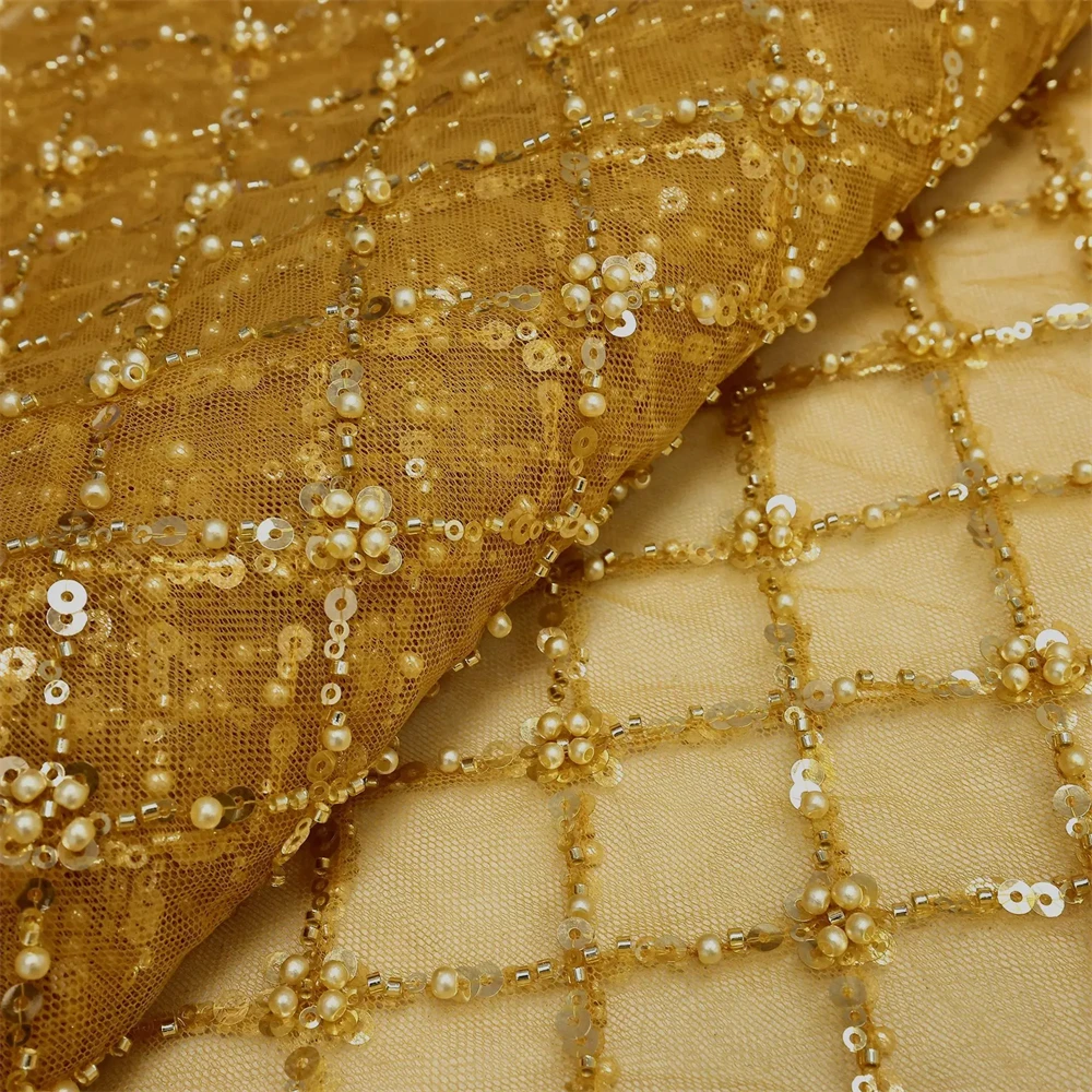 Color: Gold, Length: 1 yard, Width: 120cm - Gold African Sequins Lace Fabric 2025 High Quality French Nigerian Groom Lace Mesh Fabrics Beads For Sewing Dress Wedding Party