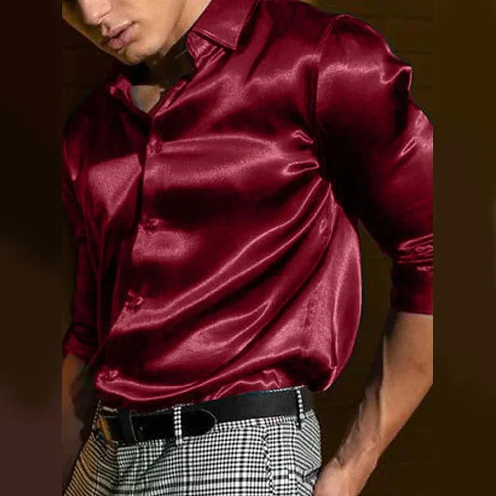 Color: Blue, Size: XL, Ships From: CHINA - Casual Men's Satin Silk Dress Shirts Long Sleeve Social Single Breasted Button Turn-Down Collar Shirts Wedding Party Men Clothes