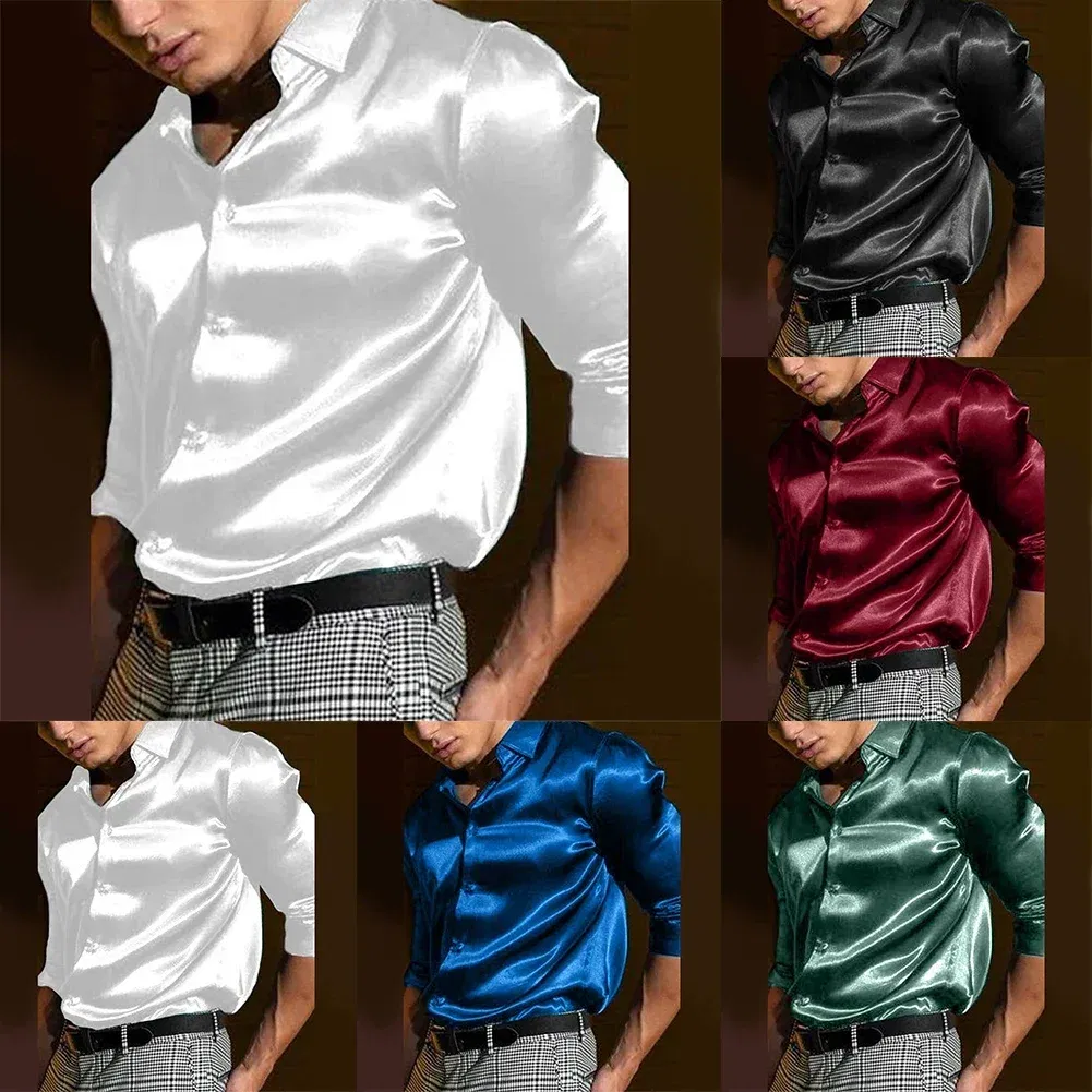 Color: Blue, Size: XL, Ships From: CHINA - Casual Men's Satin Silk Dress Shirts Long Sleeve Social Single Breasted Button Turn-Down Collar Shirts Wedding Party Men Clothes