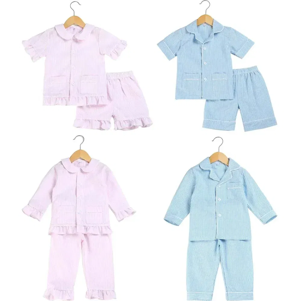 Color: SKY BLUE, Ships From: CHINA, Kid Size: 24M - Ruffkids 100% Cotton Summer Kids Pajamas Sleepwear Seersucker Striped Matching Pjs Boys Clothes Loungewear Girls Pyjamas Set