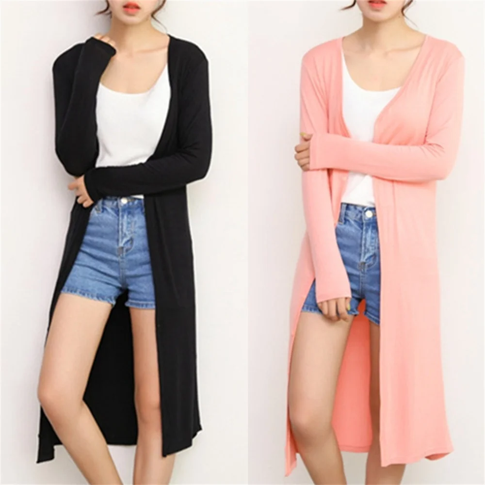 Color: GRAY, Size: One Size - Summer Autumn 12 Colors Women Modal Long Cardigan Female Cotton Sweater Cardigans Long Sleeve Women Casual Coat Ladies Outerwear