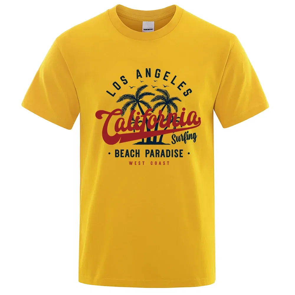 Color: GRAY, Size: M - Los Angeles California Beach Paradise Men Tops Fashion Crewneck T Shirt Cotton Summer T-Shirt Breathable Oversize Clothes