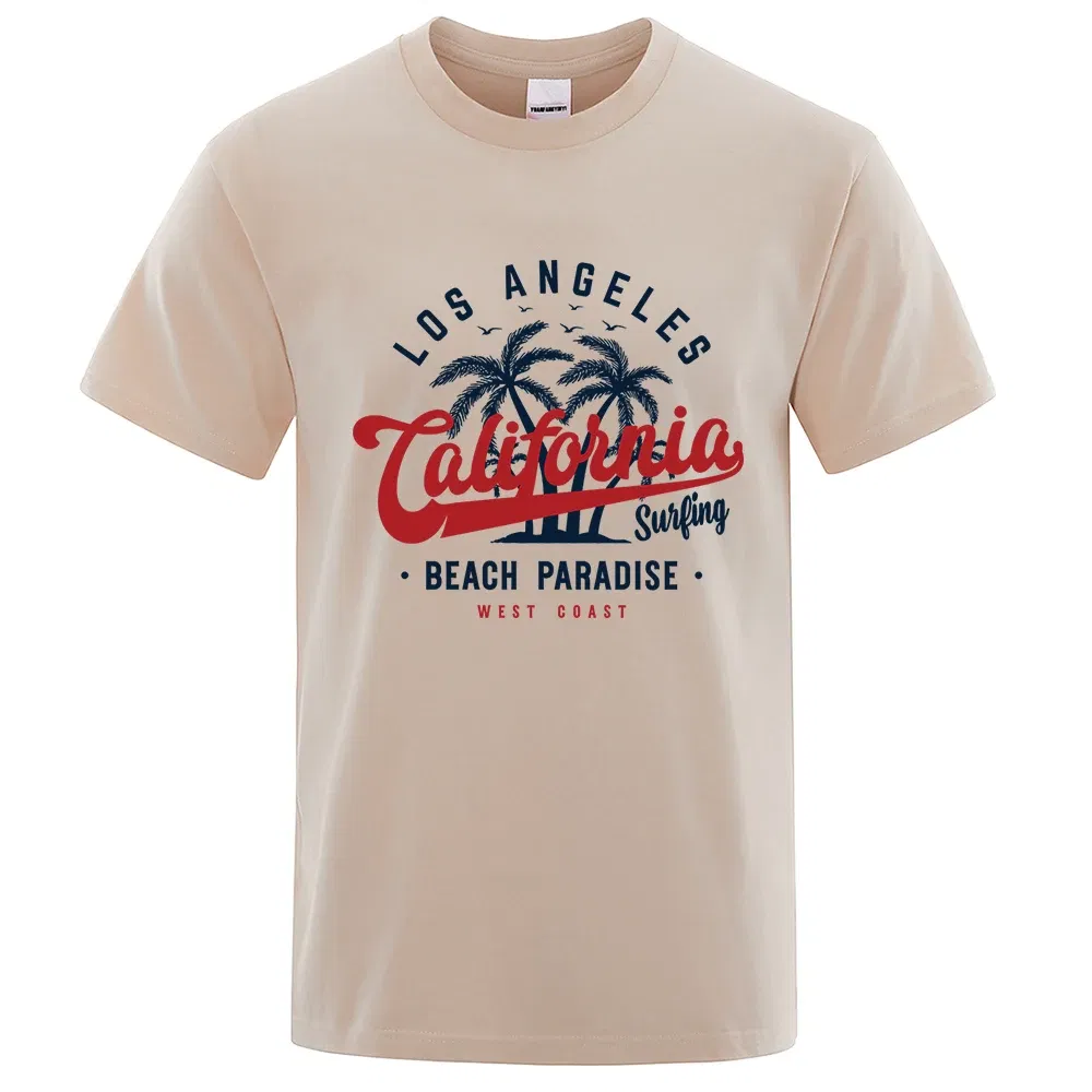 Color: GRAY, Size: M - Los Angeles California Beach Paradise Men Tops Fashion Crewneck T Shirt Cotton Summer T-Shirt Breathable Oversize Clothes