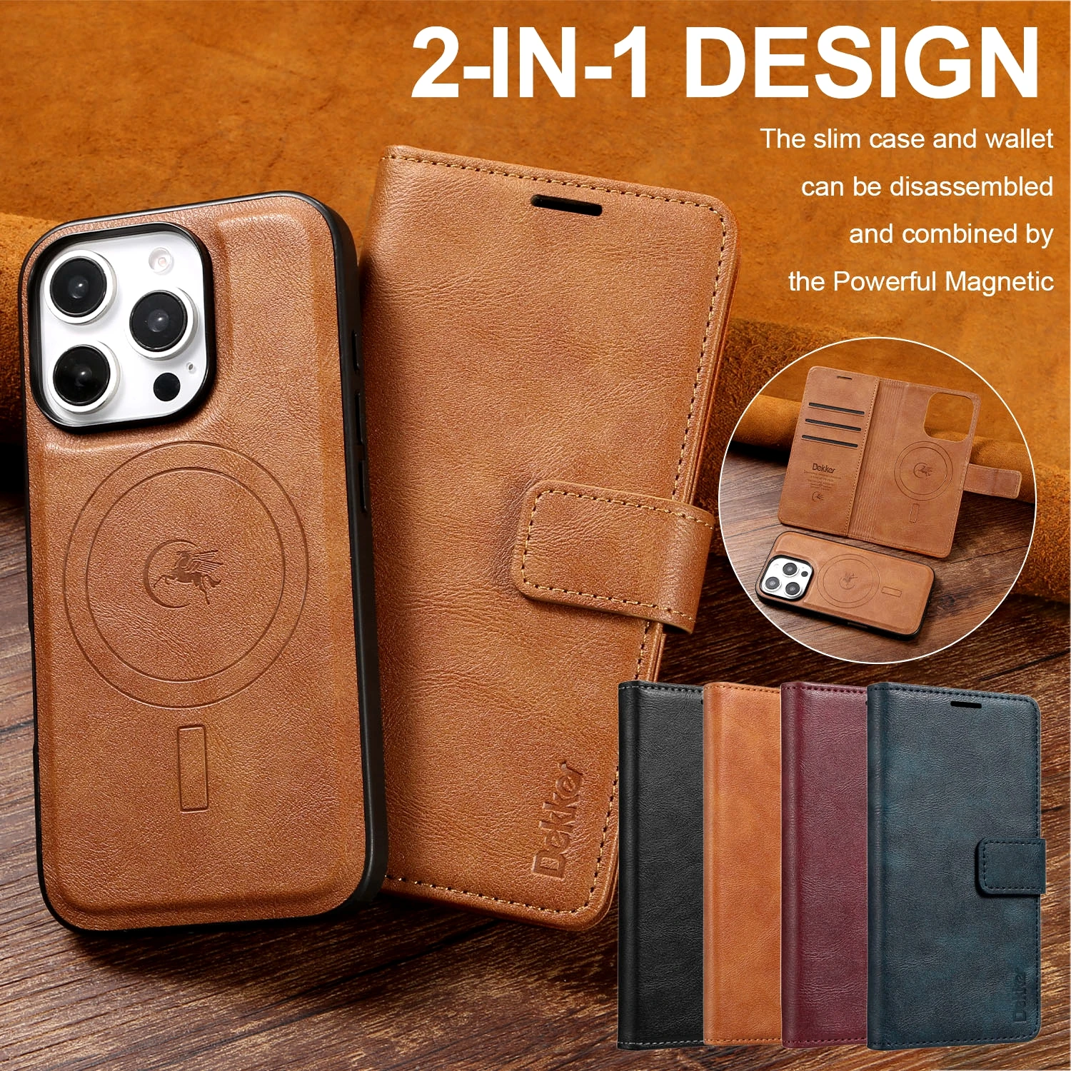Color: Red, Material: Leather - 2 in 1 MagSafe Wallet Case for IPhone 16 Promax 15 Plus 14 Pro Max 13 12 Iphone16 Magnetic Wireless Charging Phone Cover