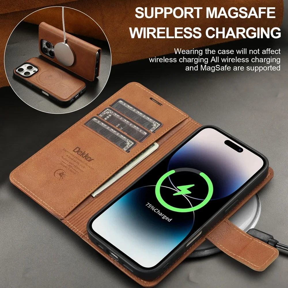 Color: Red, Material: Leather - 2 in 1 MagSafe Wallet Case for IPhone 16 Promax 15 Plus 14 Pro Max 13 12 Iphone16 Magnetic Wireless Charging Phone Cover