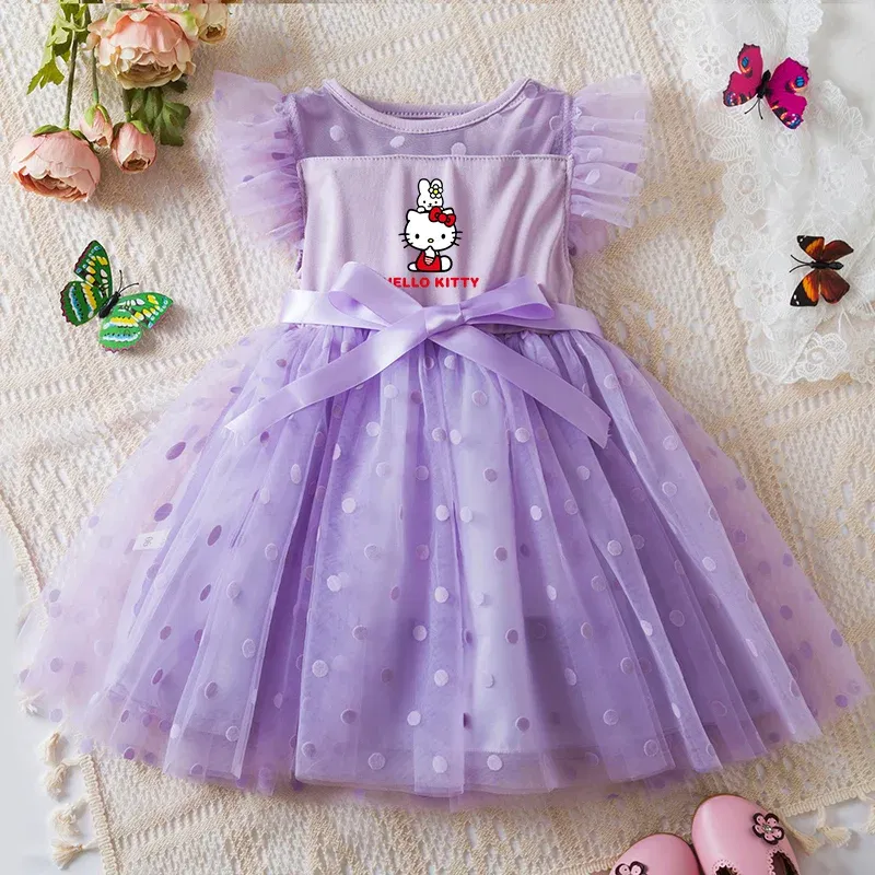 Color: Beige, Size: XL - Hello Kitty 2-6Y Baby Girl Dress Princess Mesh Skirt Summer Sleeveless Wedding Party Dresses for Girls Summer