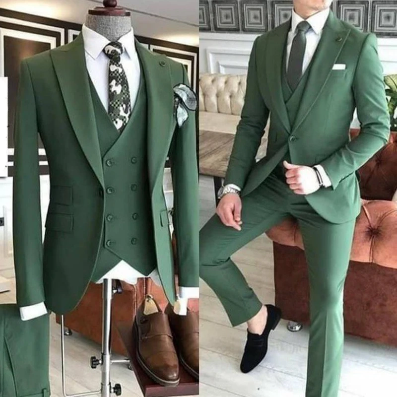 Color: green, Size: M, Ships From: CHINA - Groom Wear 3 Pieces Gray Men Suits 2021 Slim Fit Peak Lapel One Button Tailor Made Terno Masculino (Jacket+Pants+Vest+Tie?‰