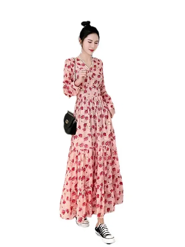 Color: black, Size: S - Chiffon floral dress 2024 spring/summer new high waisted slimming knee length skirt light luxury French style large skirt 3FWF