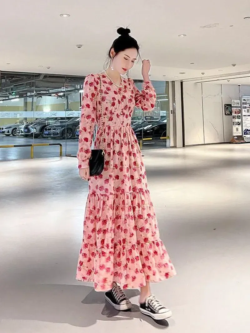Color: black, Size: S - Chiffon floral dress 2024 spring/summer new high waisted slimming knee length skirt light luxury French style large skirt 3FWF