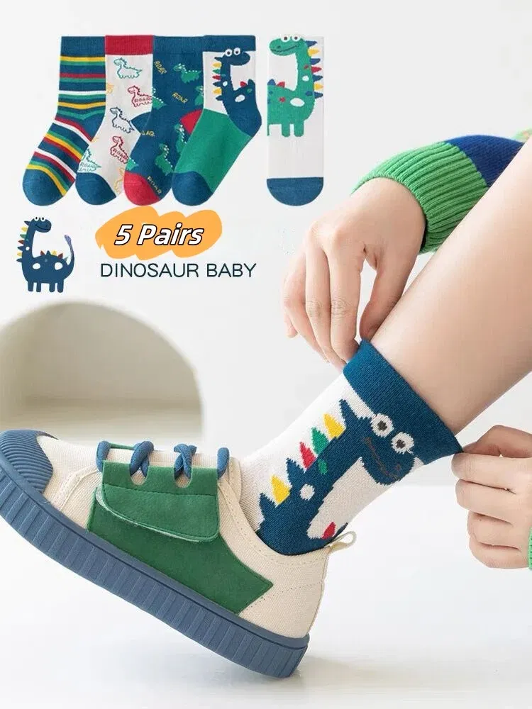 Color: SKY BLUE, Size: 10-12T - Children's Socks Autumn Boys Cartoon Dinosaur Socks 1-14T Kids Cotton Socks Student Sporty Socks 5 Pairs