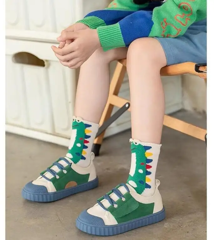 Color: SKY BLUE, Size: 10-12T - Children's Socks Autumn Boys Cartoon Dinosaur Socks 1-14T Kids Cotton Socks Student Sporty Socks 5 Pairs
