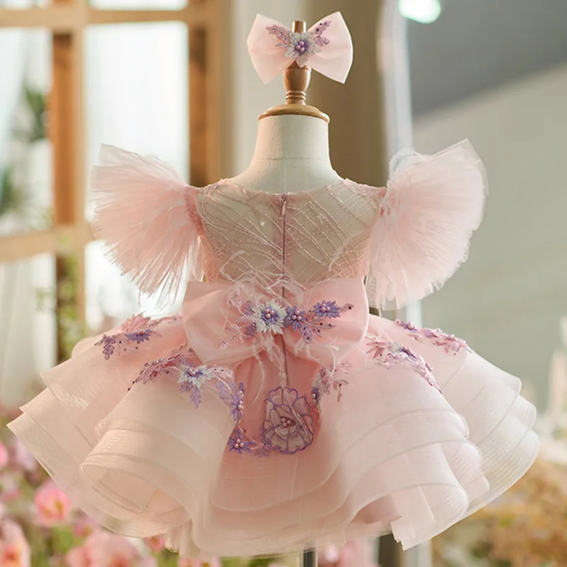 Color: Pink, Kid Size: 4T - New baby girl toddler dress birthday party dress exquisite unique girl sweet little fly sleeve cake skirt